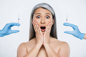 穿着乳胶手套的亚洲裸体女性和医生们震惊不已，他们拿着注射器，注射器上的美感是用灰色隔开的