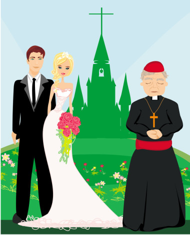 新婚夫婦和牧師在教堂前