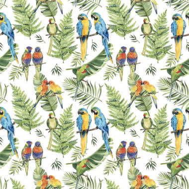 图案与美丽的水彩鹦鹉和热带树叶。热带地区。现实的热带树叶。热带鸟类。白色背景