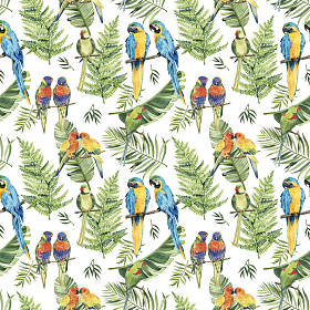 图案与美丽的水彩鹦鹉和热带树叶。热带地区。现实的热带树叶。热带鸟类。白色背景