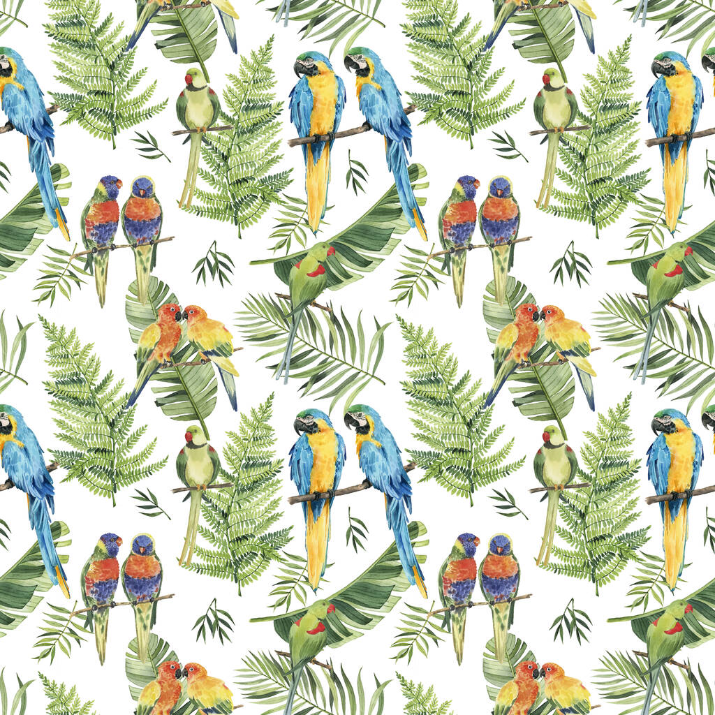 图案与美丽的水彩鹦鹉和热带树叶。热带地区。现实的热带树叶。热带鸟类。白色背景 图案与美丽的水彩鹦鹉和热带树叶。热带地区。现实的热带树叶。热带鸟类。白色背景