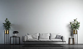 现代阁楼白色客厅室内设计与混凝土墙体背景