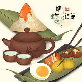 端午节的背景传统食品饺子饭饺子蘑菇猪肉肚里咸鸭蛋栗子和茶壶杯。中文译文：段武与福气