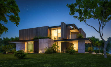 3D展示現(xiàn)代化舒適的房子，有停車場和游泳池出售或出租，有木板立面和漂亮的背景景觀。晴朗的夏夜，天上有許多星星