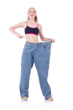 在节食概念大牛仔裤的女人照片