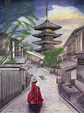 日本京都Yasaka Pagoda和Sannen Zaka Street in the Evening