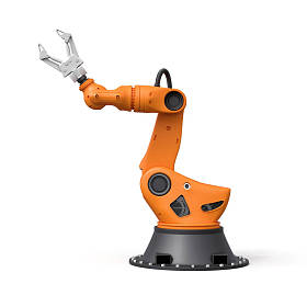 白色背景下灰色夹持器橙色机械臂三维绘制