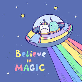 用宇宙飞船、独角兽和独角鲸在银河系宇宙中旅行的矢量卡通画，文字相信魔法
