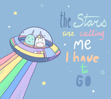 用宇宙飞船、独角兽和独角鲸在银河系宇宙中旅行的矢量卡通画，星辰都在呼唤我，我得走了