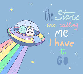 用宇宙飞船、独角兽和独角鲸在银河系宇宙中旅行的矢量卡通画，星辰都在呼唤我，我得走了