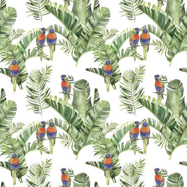 圖案與美麗的水彩鸚鵡和熱帶樹葉。熱帶地區(qū)。現(xiàn)實(shí)的熱帶樹葉。熱帶鳥類。白色背景