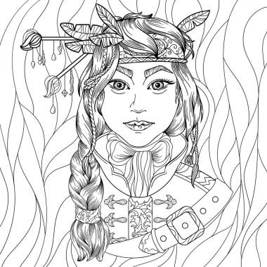 用黑白相间的漂亮女猎手奇幻人物为成年人设计的反压力彩色页面