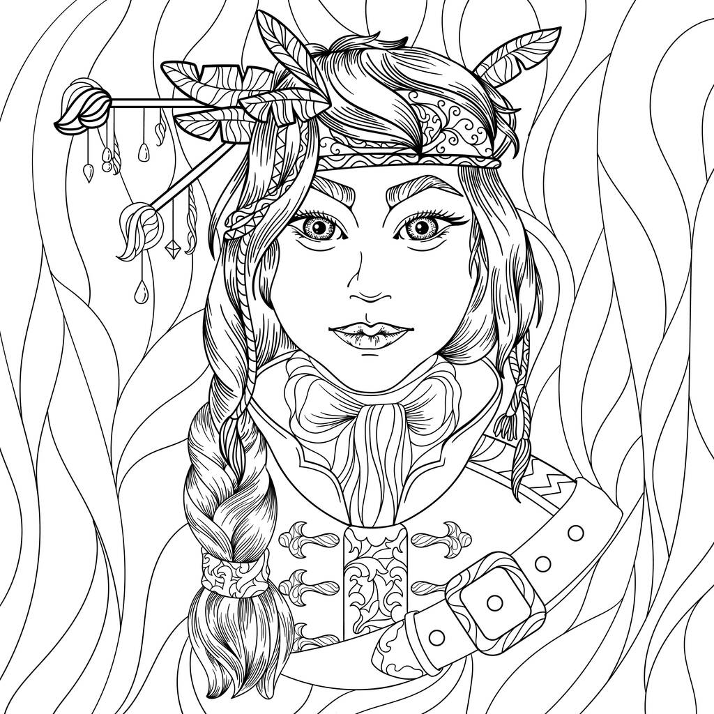 用黑白相间的漂亮女猎手奇幻人物为成年人设计的反压力彩色页面 用黑白相间的漂亮女猎手奇幻人物为成年人设计的反压力彩色页面