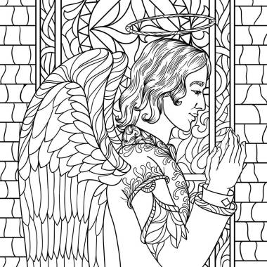 美丽浪漫的天使男孩为成人提供黑白背景的反压力书