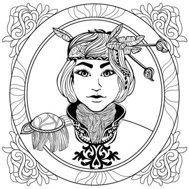 用黑白相間的漂亮女獵手奇幻人物為成年人設(shè)計的反壓力彩色頁面