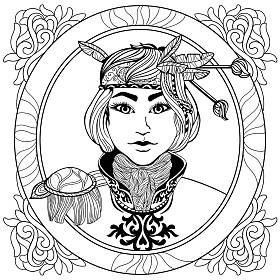 用黑白相间的漂亮女猎手奇幻人物为成年人设计的反压力彩色页面