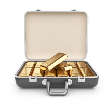 公文包，里面装满金条。孤立在白色背景上的 3d 图标