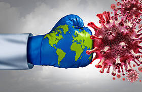 全球病毒疫苗和流感病毒或头孢病毒的医疗对抗疾病控制国际社会的医生对抗传染病细胞作为一个医疗隐喻研究治疗与3D插图元素