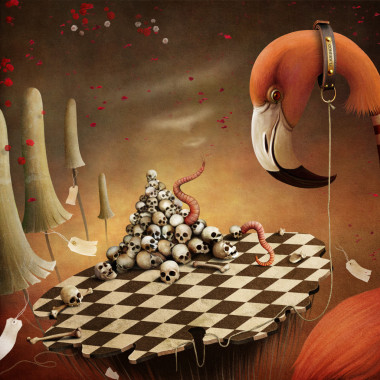Concept image of the fairy tale Alice in Wonderland flamingos and Mushrooms