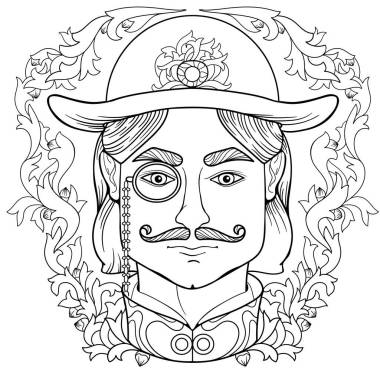 Zentangle著色頁(yè)成年人抗壓力與男子臉和裝飾橡木框架與帽子和單片在vintage