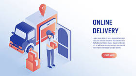 具有移动概念的在线交付。快速响应传送包装运的移动.在线订单跟踪与地图。矢量等距说明