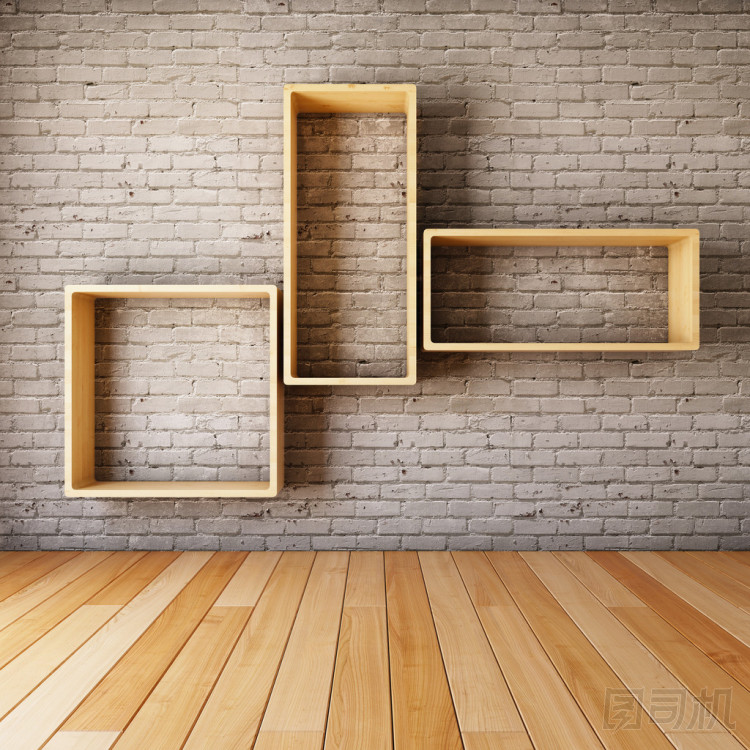 磚墻與空的貨架上照片