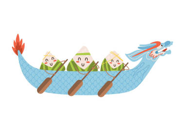 端午節(jié)餃子,手中拿著槳,坐著漂亮的藍色小船.白色背景上孤立的平面矢量圖解