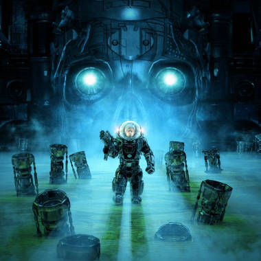 暴君/科幻小說背景的3D插圖之后是武裝的軍事宇航員在機器人骨架的背景下探索水空間