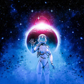 A female astronaut greets her daughter before a solar eclipse in outer space