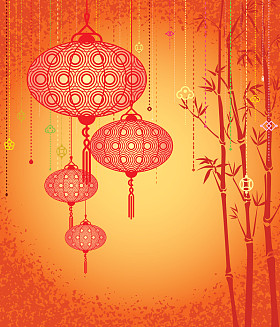 橙色的灯笼和竹背景照片