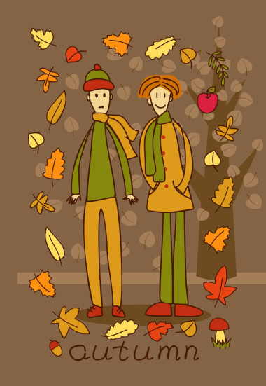 两个十几岁的男孩，在秋天的树林