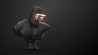 VR耳機與霓虹燈,未來的技術概念橫幅.3D渲染的雕像，男人戴著黑色背景的虛擬現(xiàn)實眼鏡。VR游戲。謝謝你看