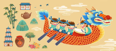 龍舟節(jié)的元素是扁平的，背景是黃色的