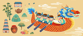 龙舟节的元素是扁平的，背景是黄色的