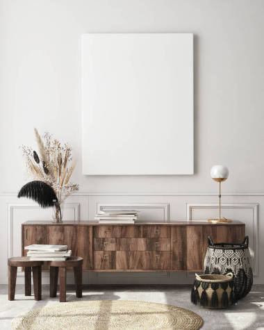 模拟海报框架在现代室内背景, 客厅, 斯堪的纳维亚风格, 3d 渲染, 3d 插图