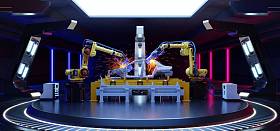 科学中的机器人汽车组装。 3D渲染