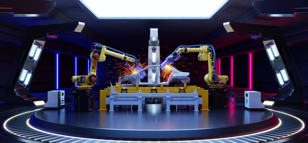 科学中的机器人汽车组装。 3D渲染