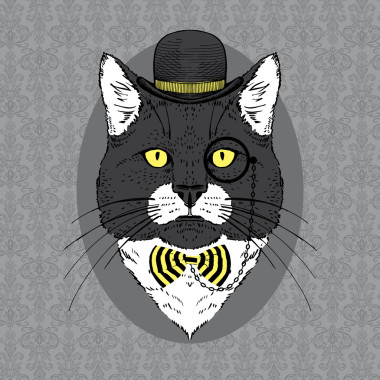 貓在圓頂硬禮帽帽子，單片眼鏡和條紋