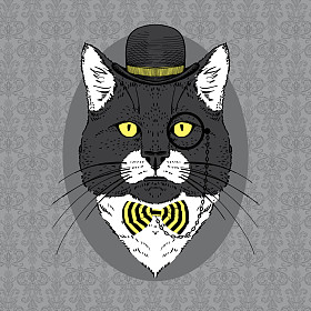 猫在圆顶硬礼帽帽子，单片眼镜和条纹
