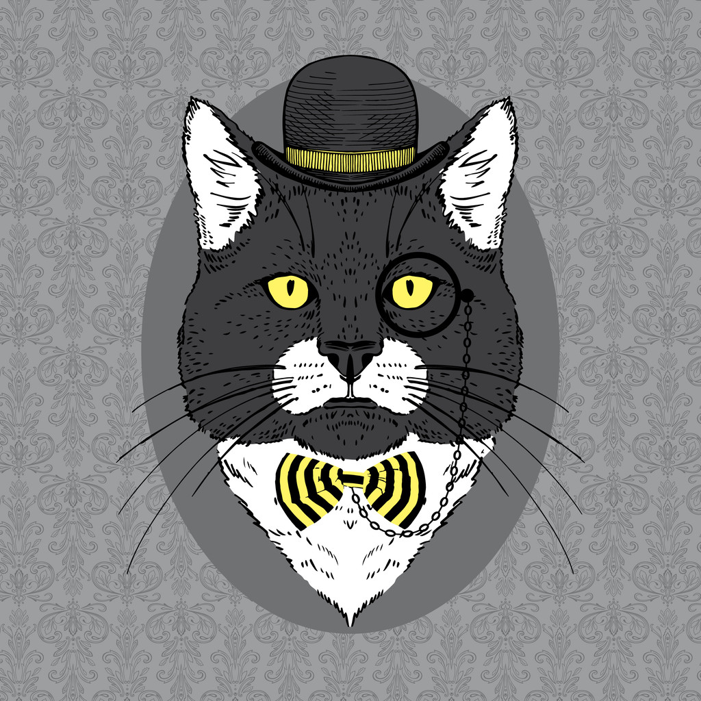 猫在圆顶硬礼帽帽子，单片眼镜和条纹