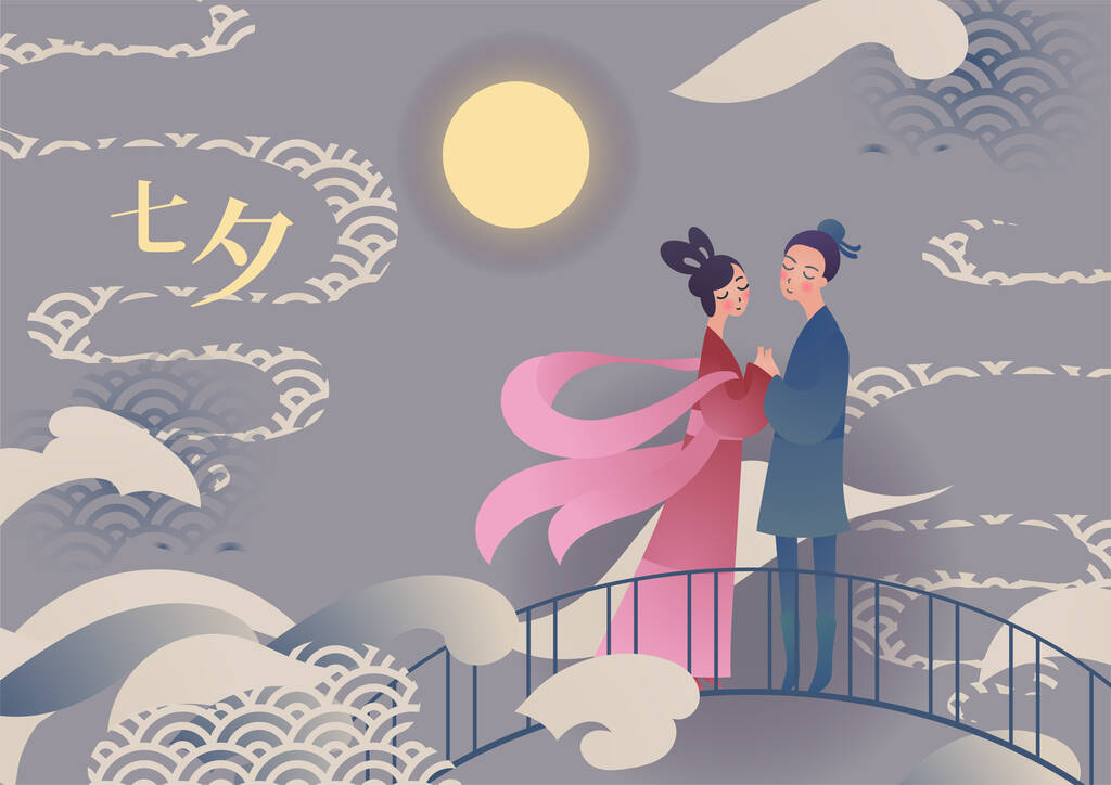 中国情人节的矢量插画卡片。一对可爱的卡通人物牛郎和织女站在桥上。字幕翻译：七喜，也可以读作田中