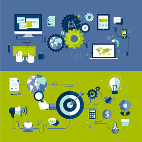 平面设计矢量图概念的响应 web 设计和互联网广告工作过程