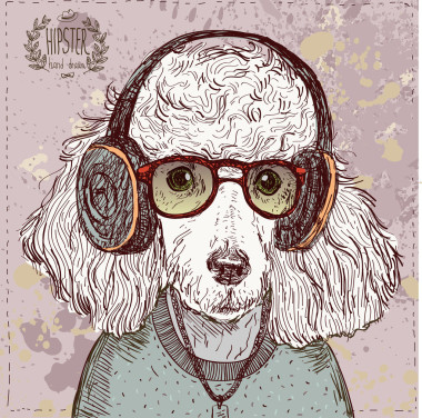 时髦狮子狗戴着眼镜，耳机中矢量在老式的背景上的弓的老式插图