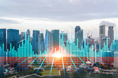 外匯市場(chǎng)和股票市場(chǎng)的全息圖覆蓋了新加坡這個(gè)亞洲金融中心的全景。國際貿(mào)易的概念。加倍暴露