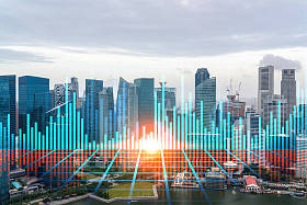 外汇市场和股票市场的全息图覆盖了新加坡这个亚洲金融中心的全景。国际贸易的概念。加倍暴露