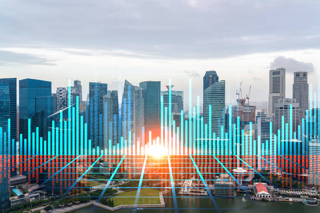 外汇市场和股票市场的全息图覆盖了新加坡这个亚洲金融中心的全景。国际贸易的概念。加倍暴露 外汇市场和股票市场的全息图覆盖了新加坡这个亚洲金融中心的全景。国际贸易的概念。加倍暴露