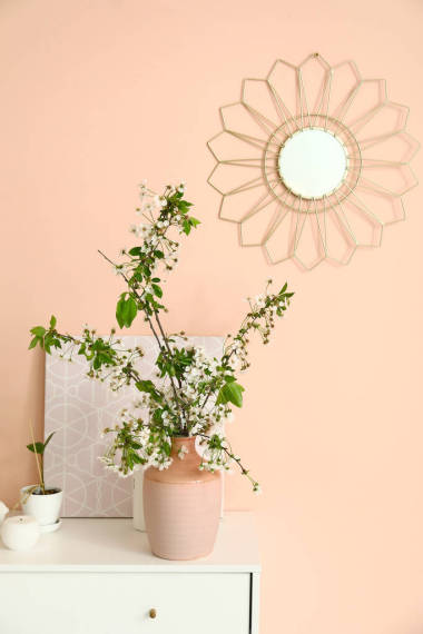 房間里色彩墻附近的抽屜和有樹枝的花瓶