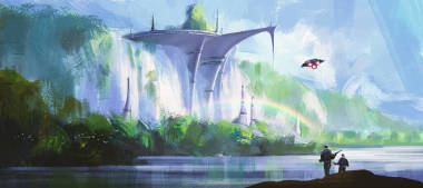 瀑布邊的軍事基地，數(shù)字繪畫