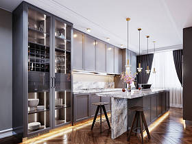 时尚的现代厨房，有灰色的现代家具，一个有吧台和两张椅子的厨房岛，米黄色的墙壁和茶几地板。3D渲染