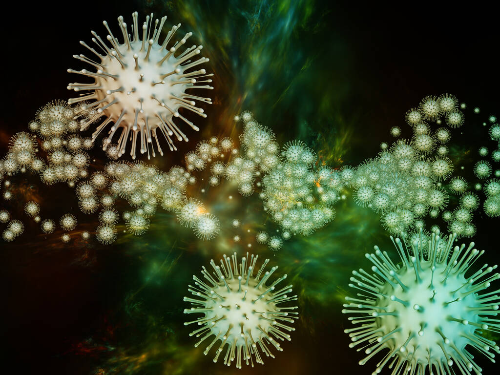 科罗纳威斯现实。病毒流行病系列。对珊瑚微粒和微型空间元素的三维说明，以补充关于病毒、流行病、感染、疾病和健康等主题的设计